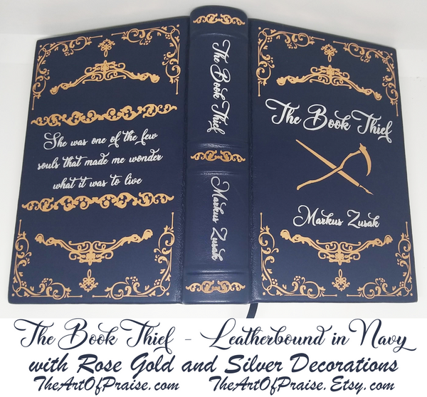 The Book Thief by Markus Zusak Leatherbound in Navy, Rose Gold, and Silver